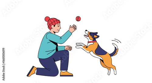 Playful bond illustration: A man happily playing fetch with his energetic dog on a bright isolated background showcasing companionship and