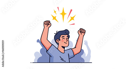 Triumphant celebration moment: A cartoon illustration of a person cheering with raised fists amidst a supportive crowd brimming with enthusiasm