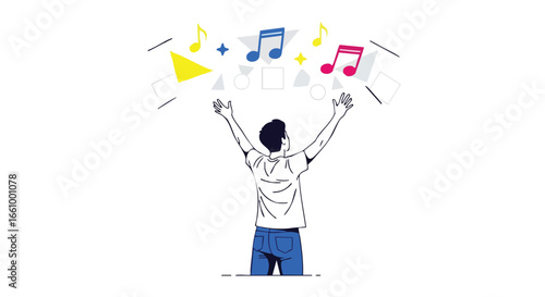 Man reaching for music and geometric shapes symbolizing auditory creativity and artistic inspiration, a vibrant visual representation of imaginative