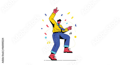 Celebratory groove: Isolated illustration of a man dancing amidst a flurry of confetti, radiating joy and enthusiasm in a festive atmosphere