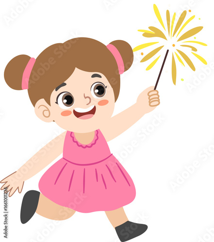 Cartoon Style Cheerful Girl with Sparkler Celebration Graphic Illustration