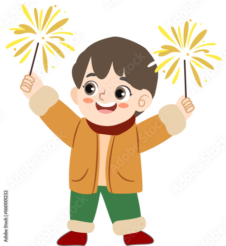 Joyful Flat Illustration Little Boy Holding Sparklers Celebration Event