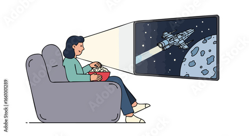 Animated portrayal of a woman relishing a cosmic adventure movie with popcorn from her comfortable couch at home viewing a spaceship