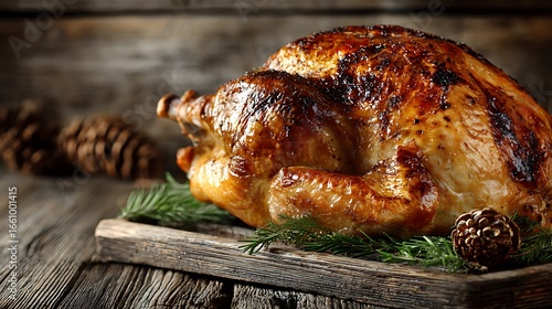 Wallpaper Mural Thanksgiving roasted turkey on table corner with golden crispy skin, placed on wooden surface with large blank space for text, perfect for holiday feast, festive dinner, autumn celebration Torontodigital.ca