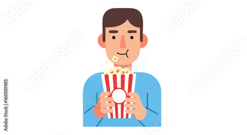 Illustration of a man enjoying popcorn in a red and white striped container at an event or home viewing experience