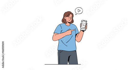 Woman presenting mobile application interface showcasing modern user interface design with social media and video player controls against white canvas