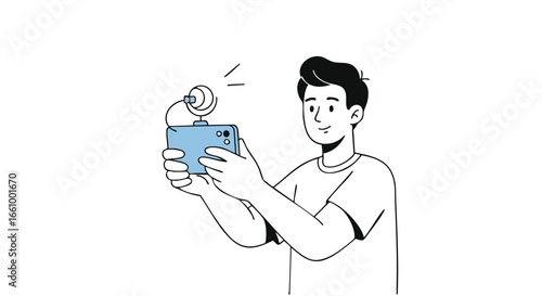 Young content creator using smartphone and microphone for recording video content suitable for social media channels and blogs on white background