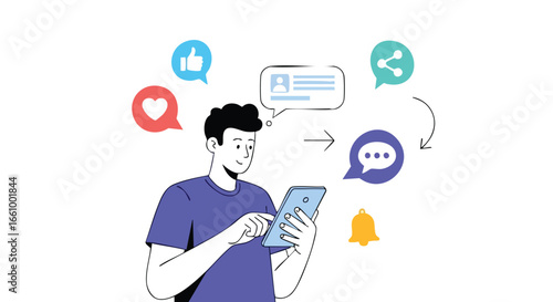 Person interacting with social media notifications and messages on a digital device representing connectivity and online communication