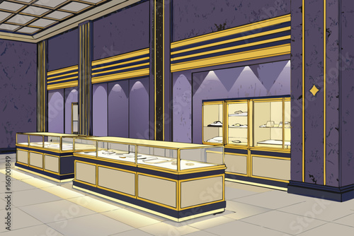 Luxurious jewelry store interior with elegant displays.