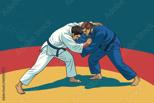 Judo athletes locked in a dynamic grapple on an Olympic mat.