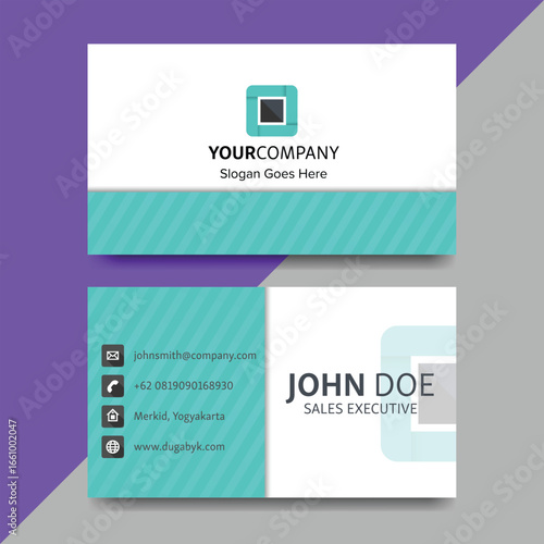 Modern and clean business card design with turquoise accents and social media icons