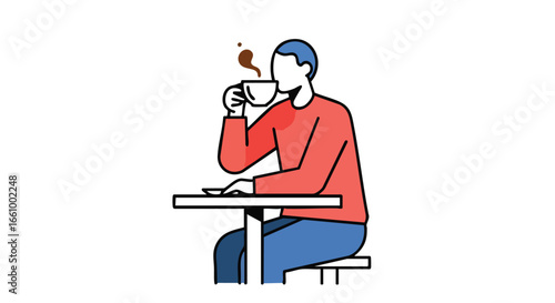 Stylized illustration of a seated individual enjoying a hot beverage at a table in a minimalistic setting