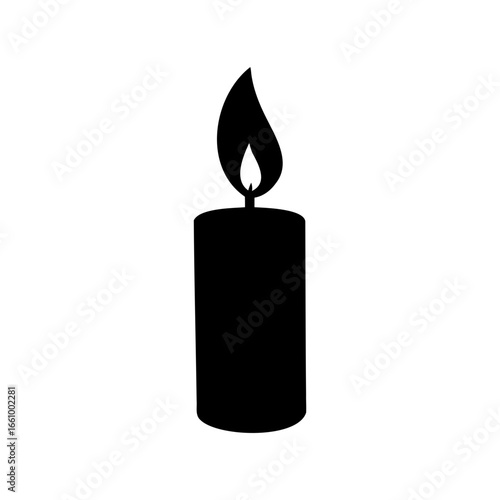 Simple black candle icon with a bright flame on a white background