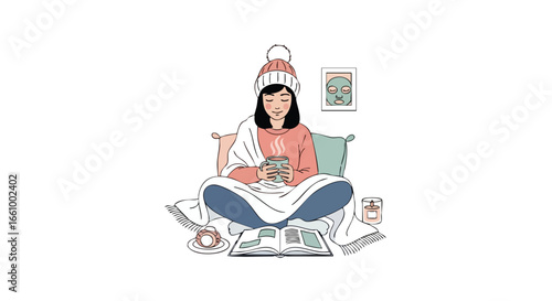 Cozy Winter Scene: Woman Enjoying Hot Drink and Reading in a Relaxed Home Setting, Capturing the Essence of Hygge and Comfort