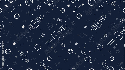 A whimsical space pattern featuring rockets planets stars and orbits on a dark blue cosmic background design