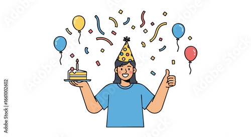 Celebration Illustration: Woman with Birthday Cake, Balloons, and Confetti Festive Occasion Cheerfulness and Joyful Expression, Thumbs Up for a