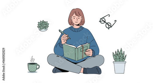 Illustration depicting a young woman engaged in writing or journaling in a cozy, serene setting surrounded by plants and her belongings