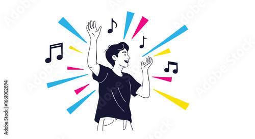 Enthusiastic young man enjoying music with musical notes and vibrant rays around him depicting rhythm and motion, set against a clean white backdrop