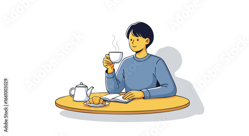 Illustrative depiction of a young man enjoying a leisurely morning with tea, a pastry, and a book in a serene setting