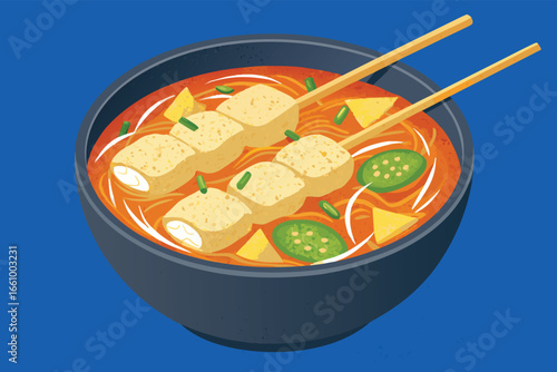 Delicious Korean fish cake soup on skewers.