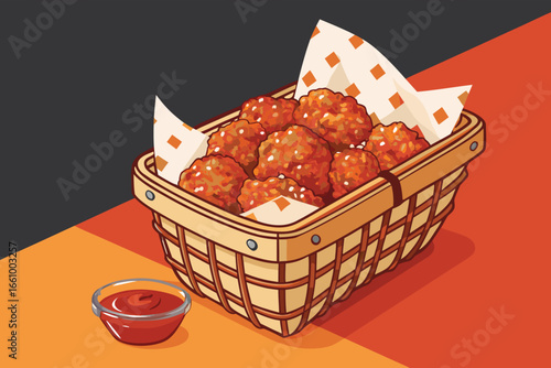 Crispy Korean fried chicken in a basket with chili sauce.