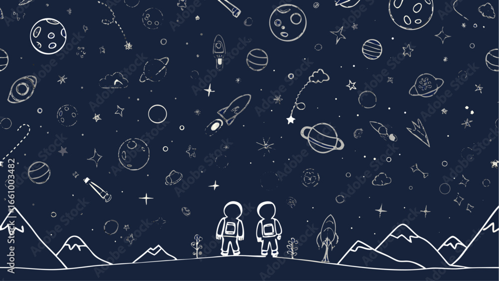 Doodle style space scene with astronauts on a planet surrounded by planets, stars, and rockets drawn in white