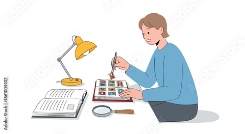 Enthusiastic philatelist meticulously adds stamp to collection under warm desk lamp light showing passion and detailed hobbies, artwork displays