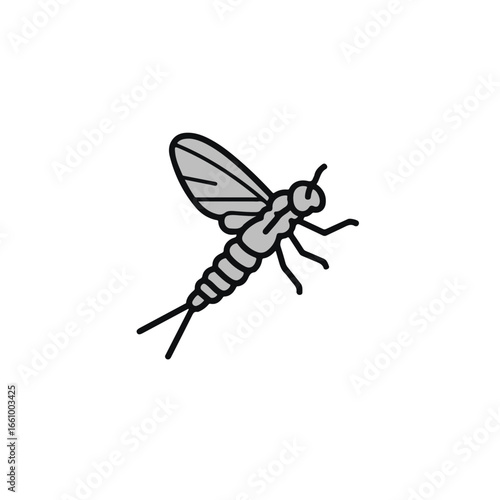 A detailed illustration of a mayfly insect in flight.