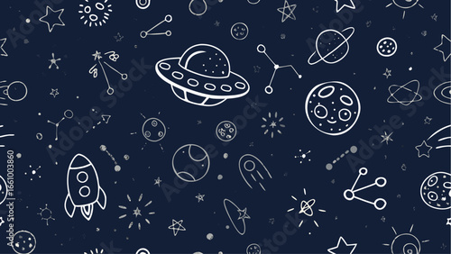 A whimsical space pattern featuring hand drawn planets stars rockets and ufos on a dark blue background design