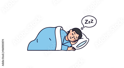 Illustration depicting a person sleeping peacefully under a blue blanket with zzz dream bubble indicating sleep resting phase, bedtime, and relaxation
