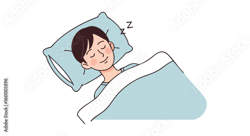 Peaceful slumber illustration: A young man dreaming soundly beneath soft blue covers for a restful night, embracing the quietude