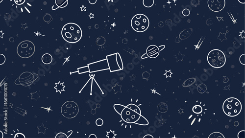 Illustration of a telescope surrounded by planets, stars, and celestial bodies on a dark blue background