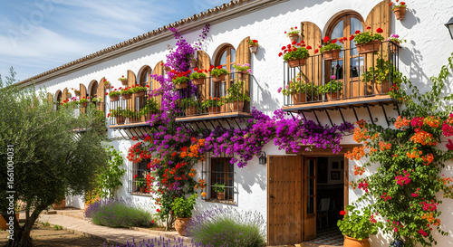Traditional white house with flowerfilled balconies in andalusia, spain