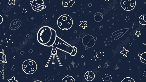 Doodle style space scene with telescope planets stars and galaxies in a dark blue background pattern design