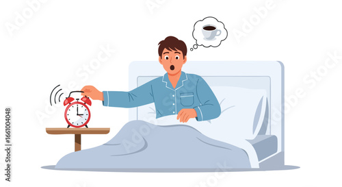 Man awakens abruptly, alarm clock rings, dreaming of coffee, a morning awakening scene depicted in a minimalistic vector illustration