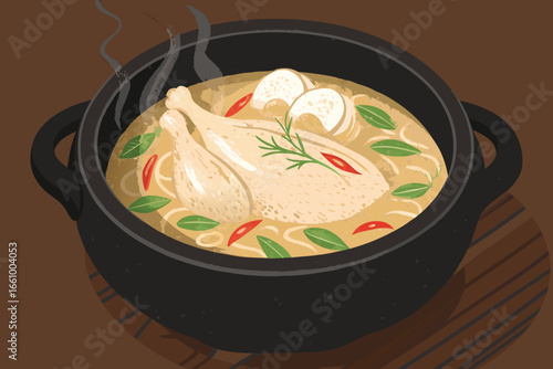 Korean ginseng chicken soup, Samgyetang, served in a traditional clay pot.