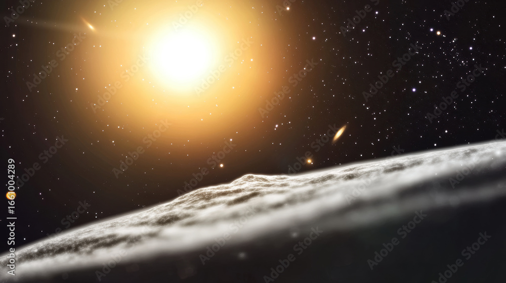 Naklejka premium Glowing sun illuminates textured planetary surface with backdrop of stars and distant galaxies, evoking sense of cosmic wonder and vastness