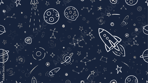 Illustration of a seamless space pattern with rockets planets stars and constellations on a dark blue background