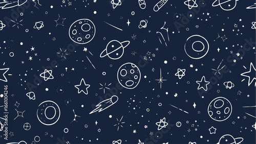 Hand drawn space themed pattern featuring planets stars comets and other celestial objects on a dark blue background
