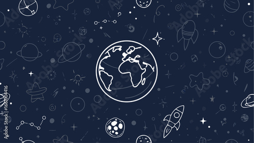 Illustration showing earth planet surrounded by stars rockets and other planets on a dark blue background