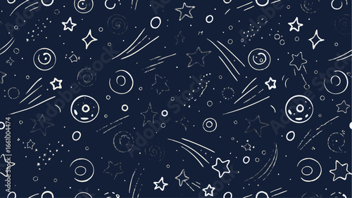Aesthetic seamless pattern featuring stars comets and celestial bodies on a dark blue colored background