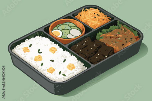 Korean lunch box filled with rice and various dishes.