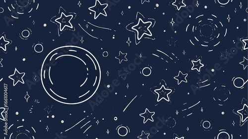 Illustration of a dark blue space scene with white outlined stars planets and shooting stars scattered around
