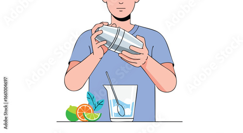 Person preparing a cocktail with shaker and fresh fruits, illustration for drink recipe promotion or beverage related concept depiction