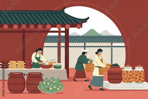 Korean market scene with vendors selling kimchi.