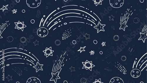 Hand drawn space pattern featuring stars comets and planets on a dark blue background with white outlines