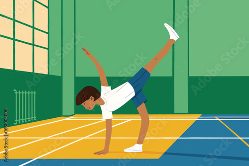 Young child performing a graceful cartwheel with focused determination on the polished floor of a spacious school sports hall.