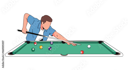 Focused billiard player preparing to strike cue ball on green felt table surface and colorful balls arrangement showcase skill and strategy