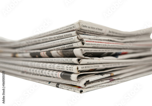 Stack of newspapers with headlines and articles, isolated on transparent background