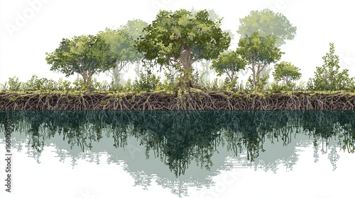 Pixel art of a tranquil mangrove forest reflecting in water
